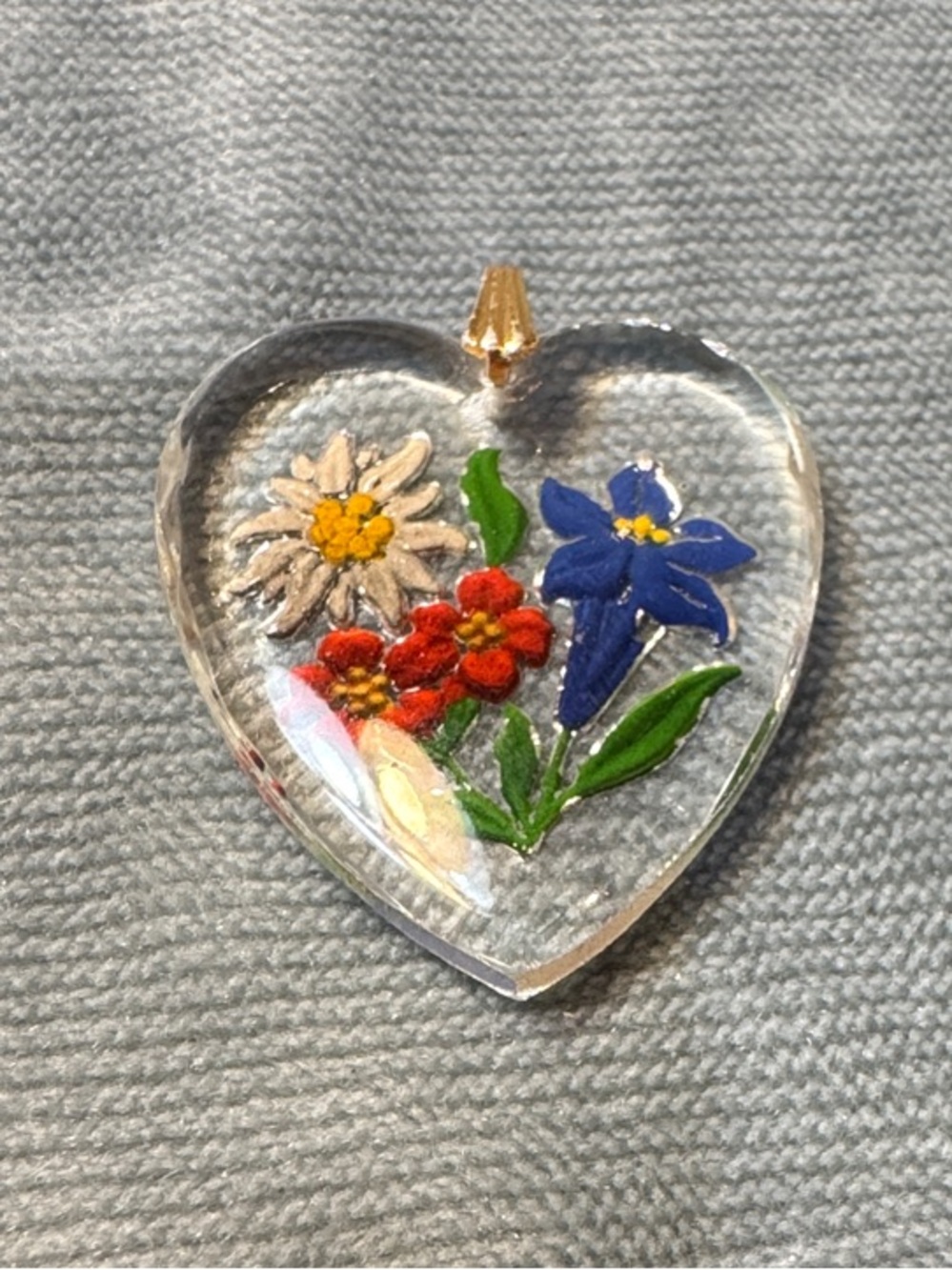 Handmade Heart Pendant Necklace with Blue, Red & White Floral Inlay